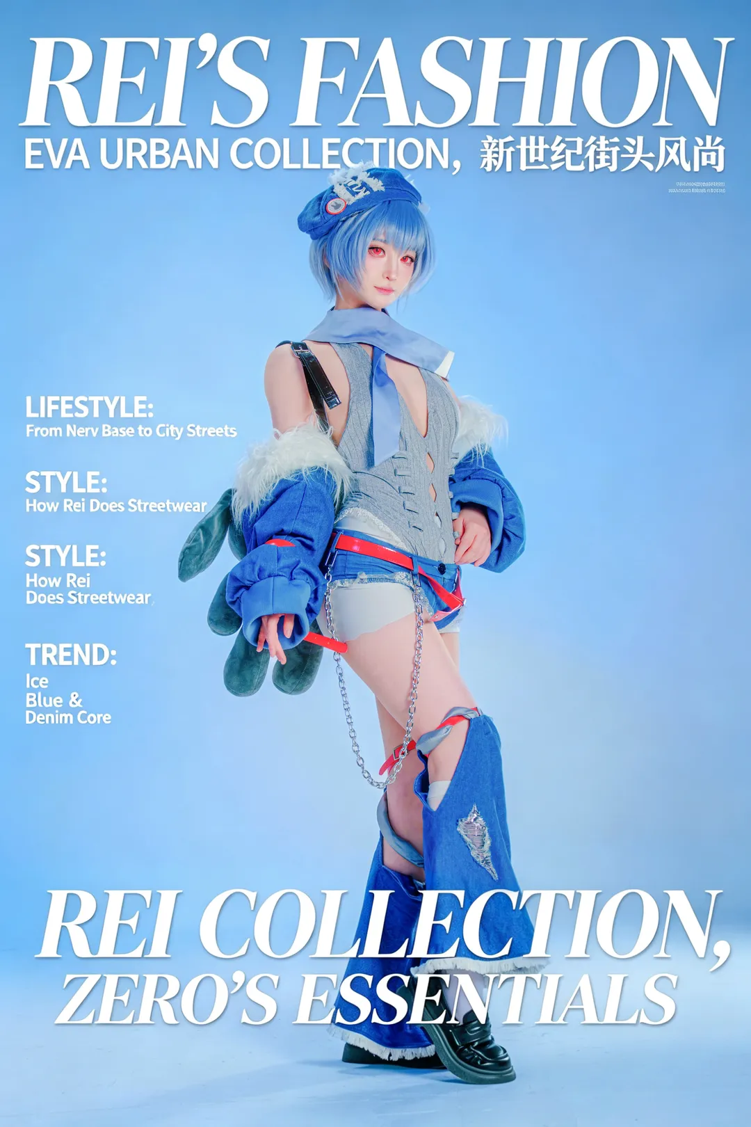 绫波丽cos, 新世纪福音战士, cosplay摄影, 摇滚乐队时尚, 冰蓝牛仔风 - 第3张