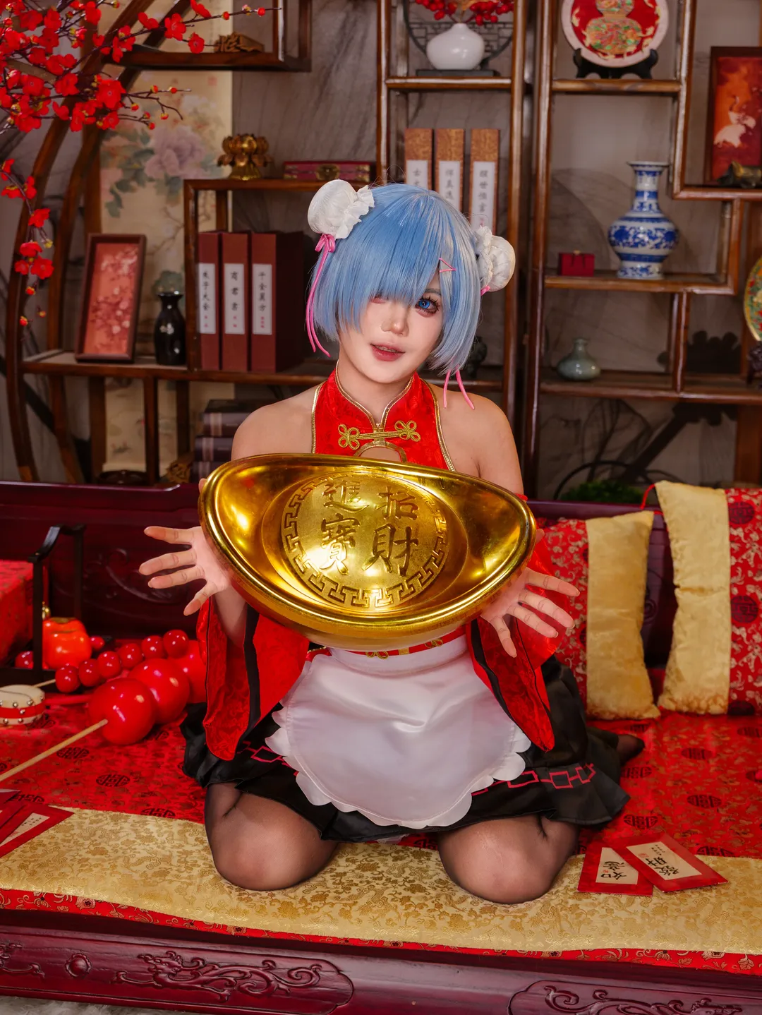 Re:ゼロから始める異世界生活, レム コスプレ, 黒ストッキング, 年賀イラスト, 新年コスプレ - 4枚目