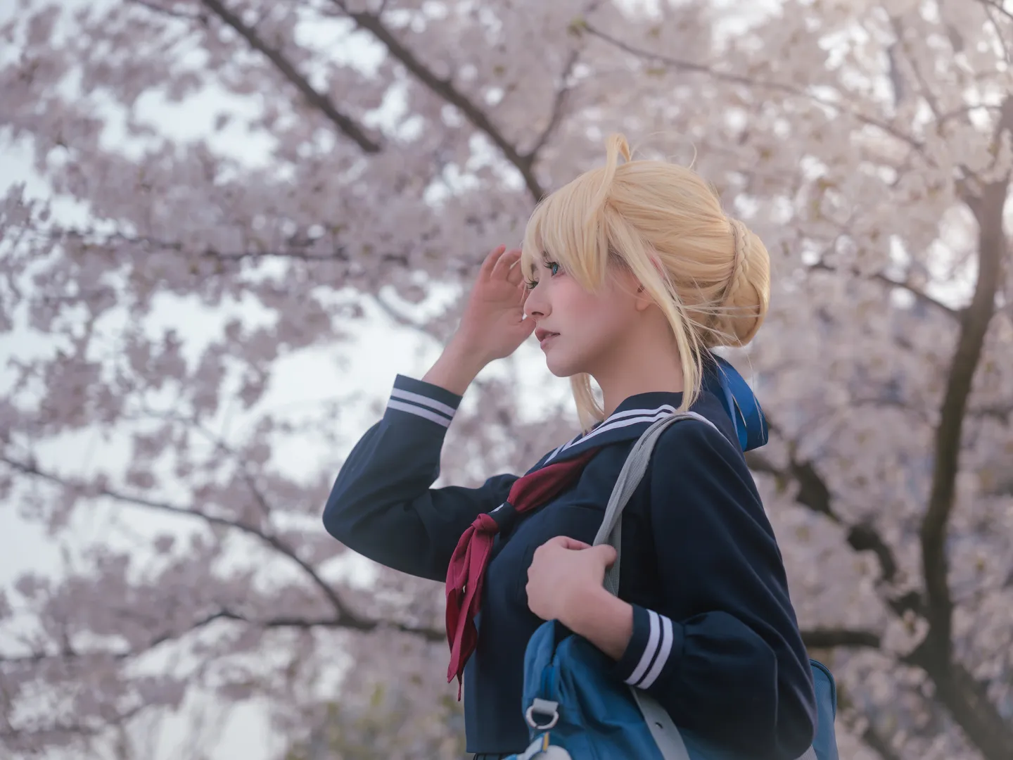 阿尔托莉雅cos, Fate, JK制服, 白丝穿搭, 樱花写真 - 第14张