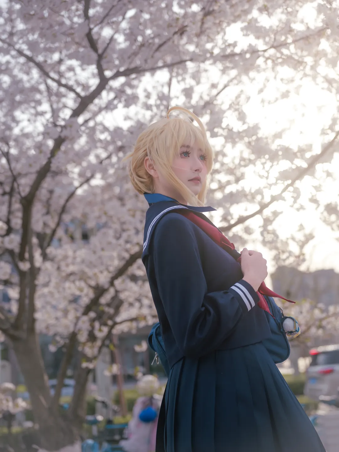 阿尔托莉雅cos, Fate, JK制服, 白丝穿搭, 樱花写真 - 第5张