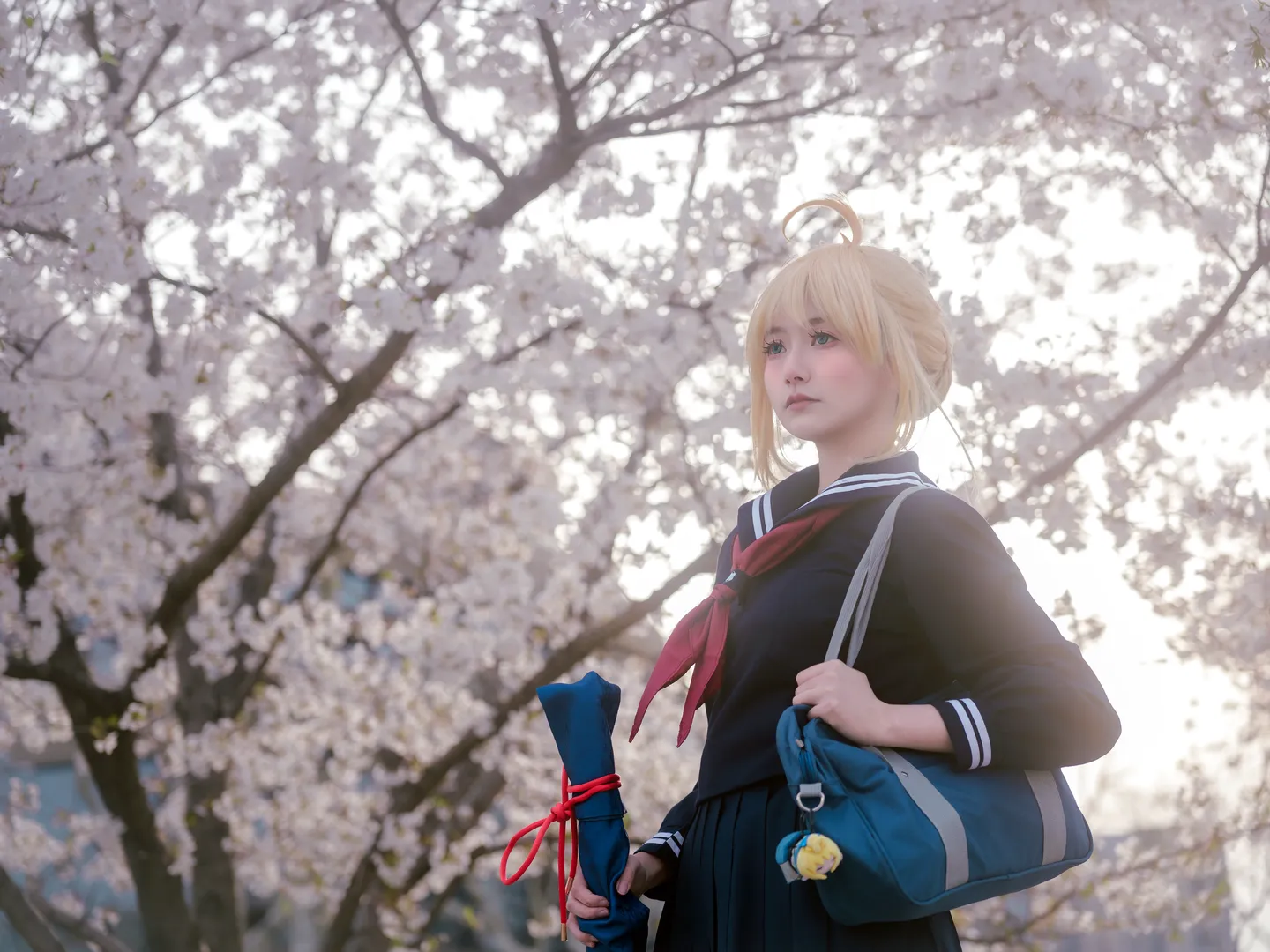阿尔托莉雅cos, Fate, JK制服, 白丝穿搭, 樱花写真 - 第9张