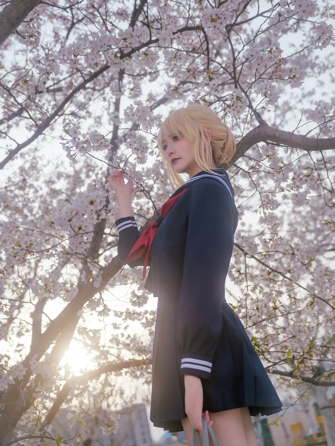 阿尔托莉雅cos, Fate, JK制服, 丝袜穿搭, 樱花写真 - 第3张