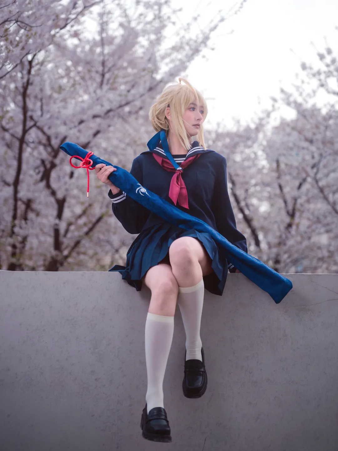 阿尔托莉雅cos, Fate, 白丝, 樱花外景, 水手服