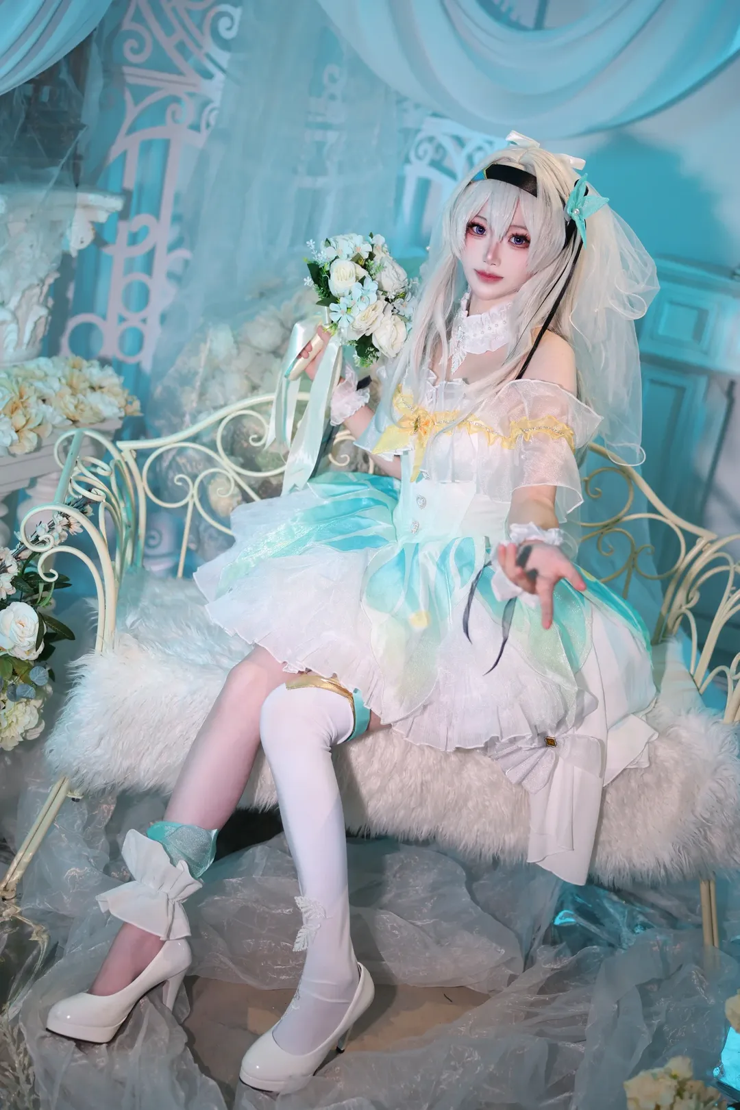 Anime-style photography, Honkai: Star Rail, Firefly cosplay, Bride cosplay, White thigh-highs outfit
