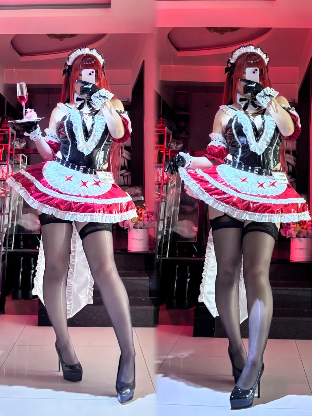 二次元コスプレ, 勝利の女神, 黒タイツ コーデ, ラピ レッドフード コスプレ, 赤・黒・白のメイド服コスプレ - 1枚目