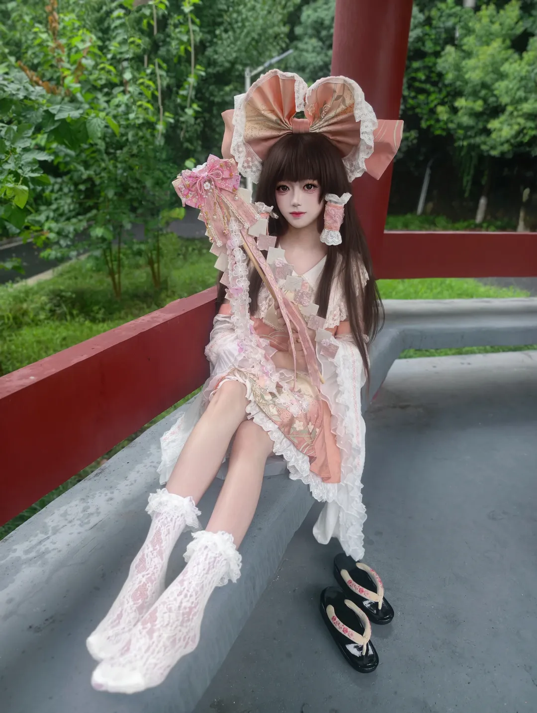 Reimu Hakurei Cosplay, Touhou Project, Outdoor photography, Anime cosplay, Lace stockings