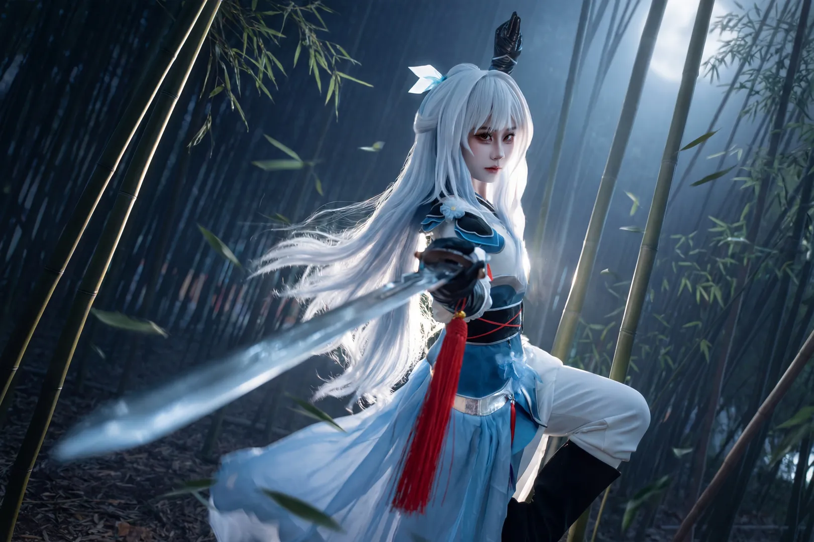 Honkai: Star Rail, Jingliu cosplay, Xianzhou Luofu, Bamboo forest location shoot, Ancient Wuxia