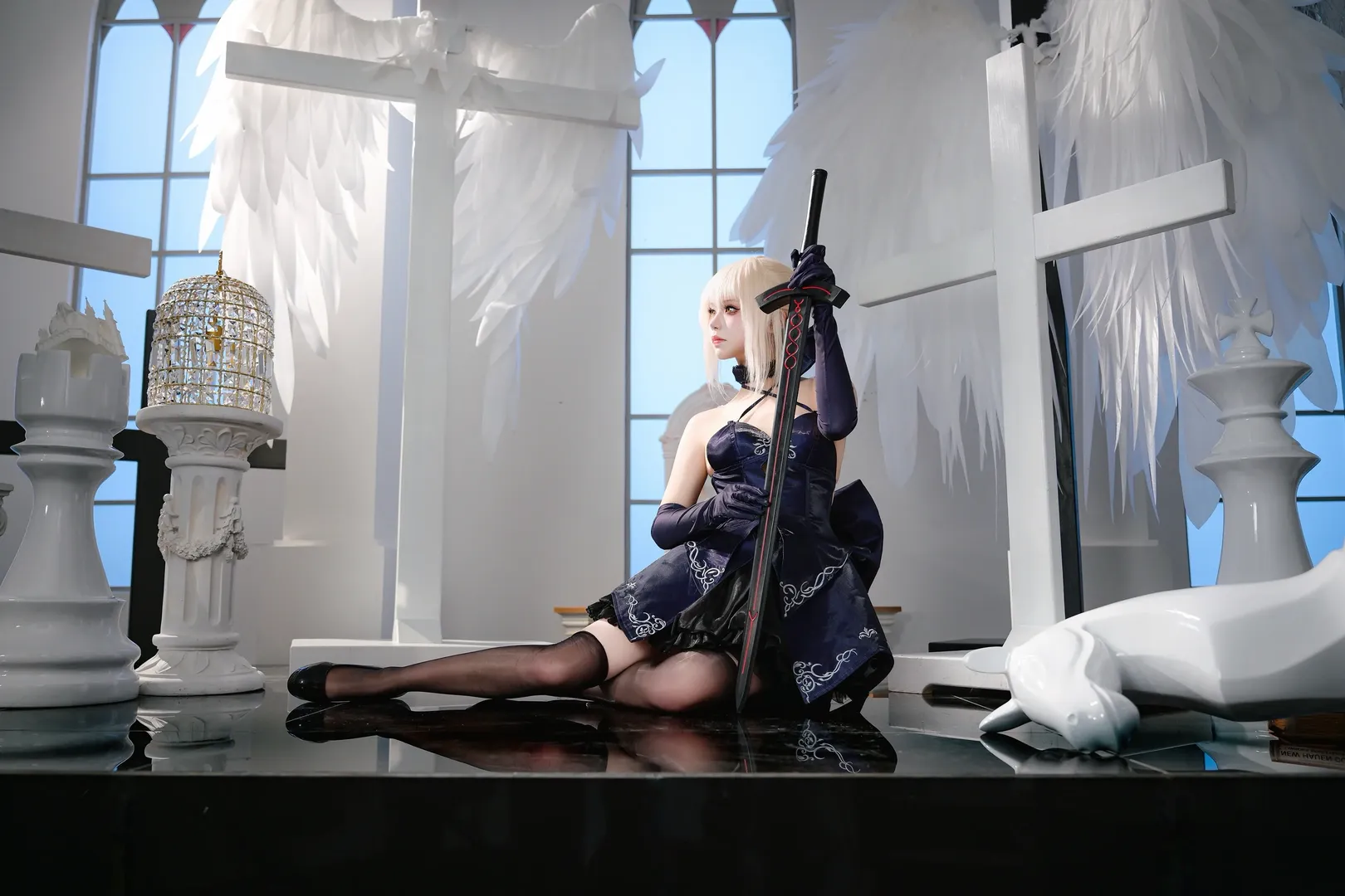 二次元摄影, 阿尔托莉雅cos, 黑呆cos, 黑色丝袜, fate fgo