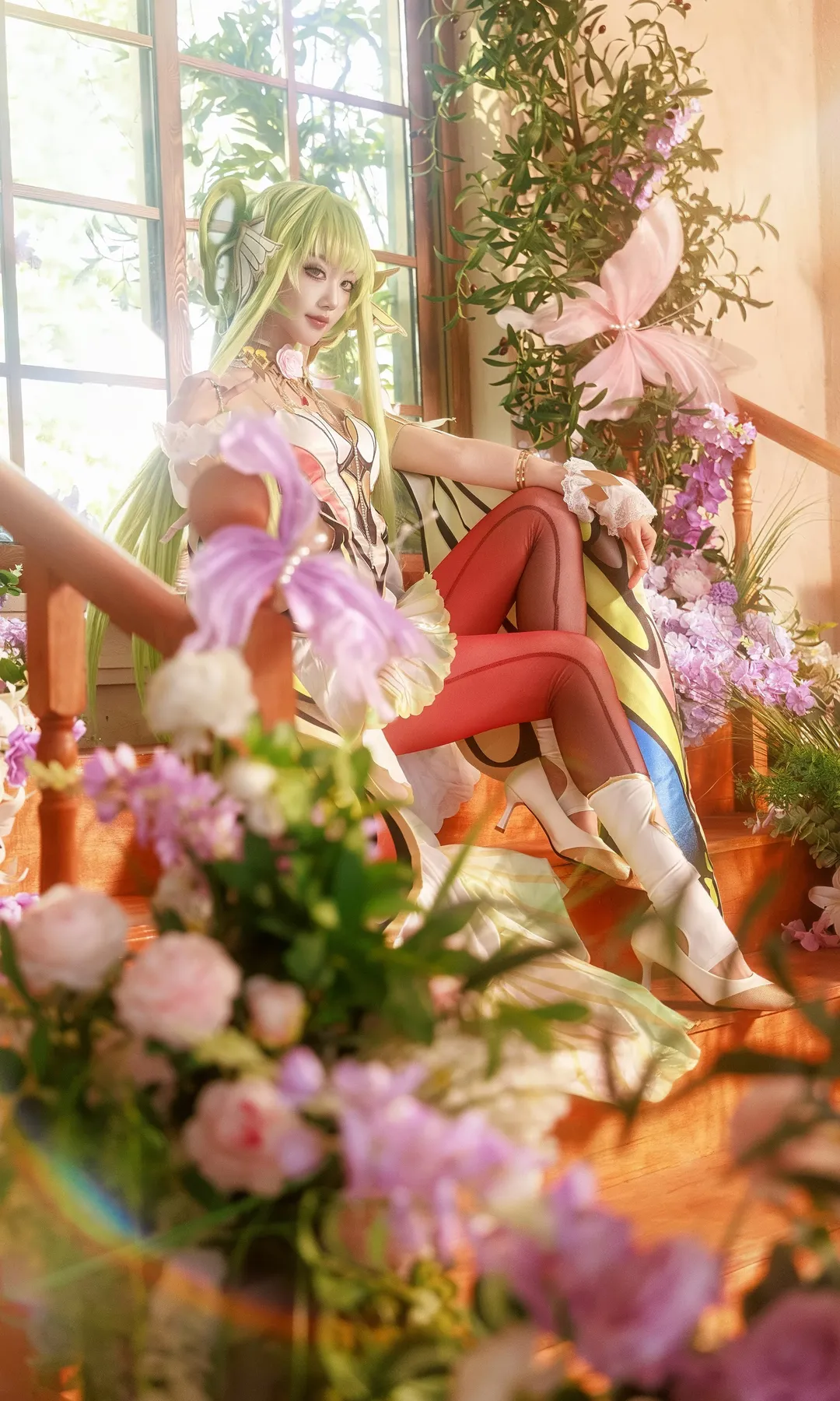 Anime cosplay, Code Geass: Lelouch of the Rebellion, C.C. cosplay, Red stockings, Butterfly set