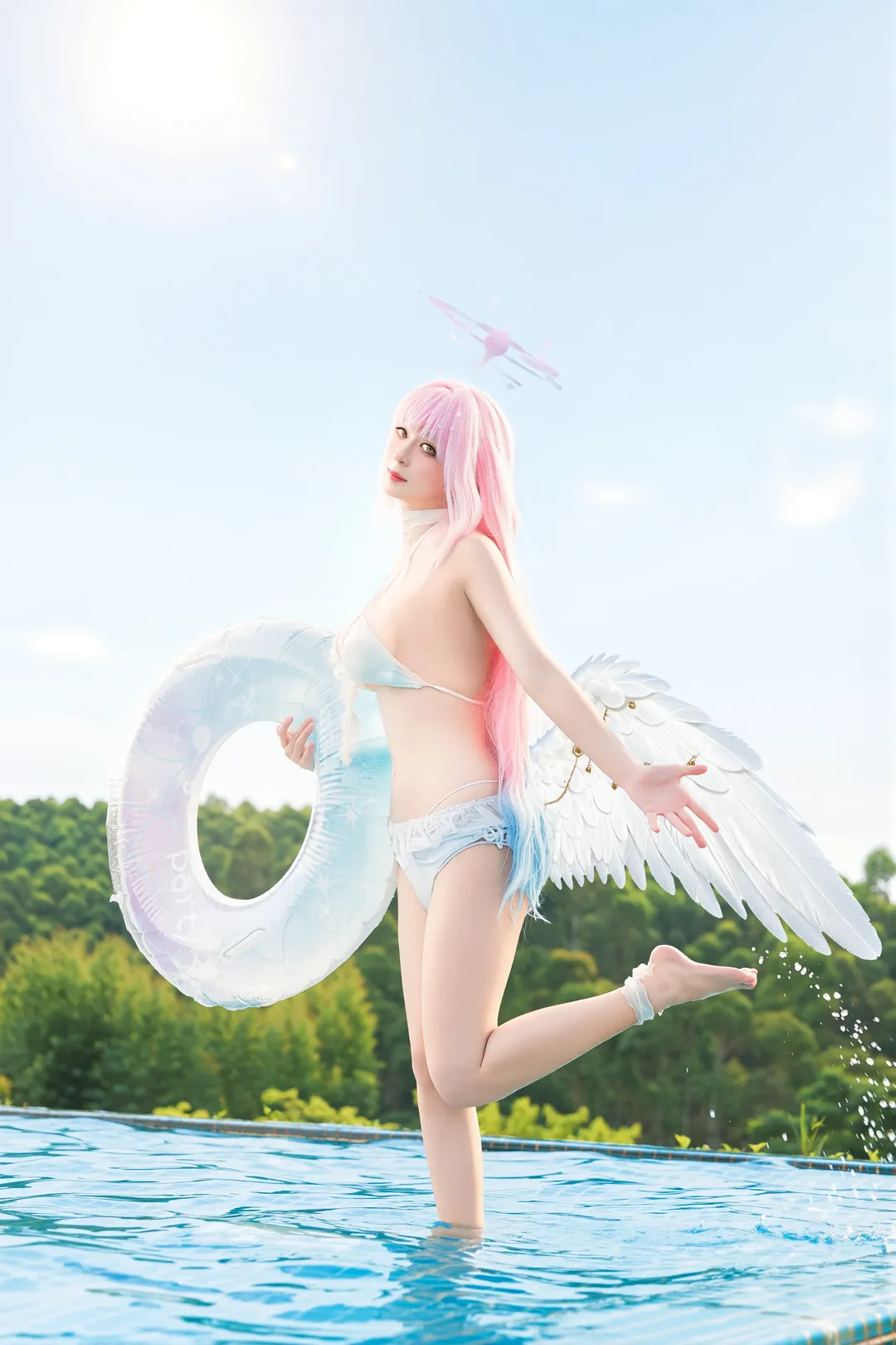 Blue Archive, Misono Mika cosplay, Swimsuit cosplay, Angel wings, Waterside photography
