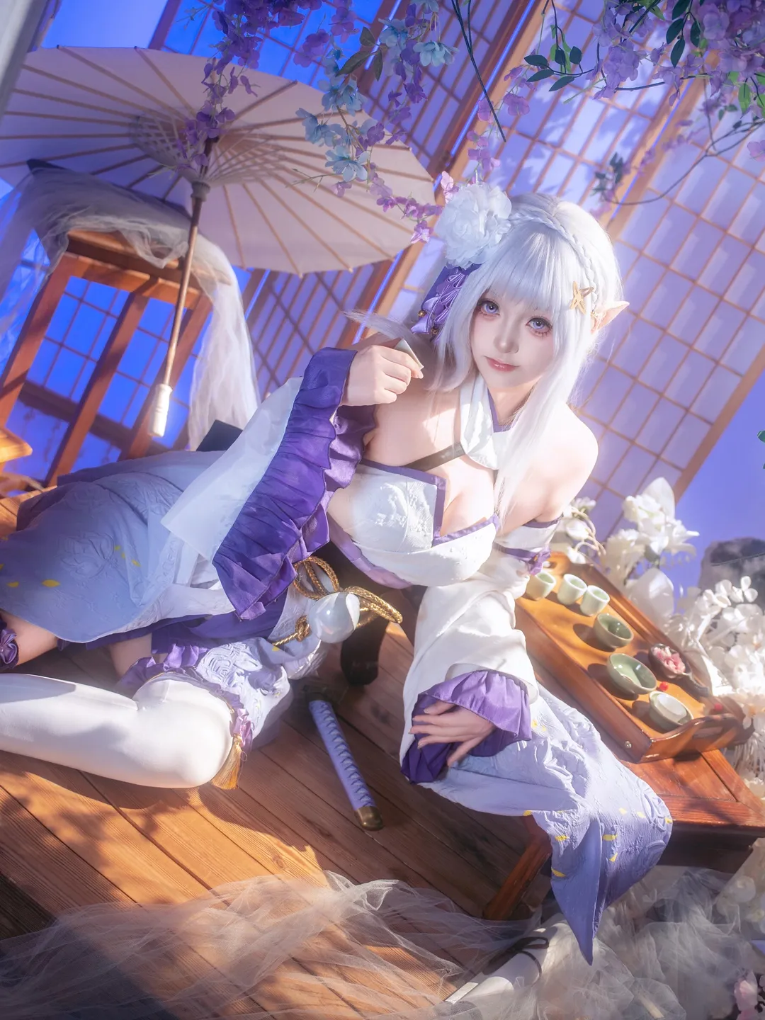 2D, cosplay, Re:ZERO -Starting Life in Another World-, Emilia cosplay, White stockings