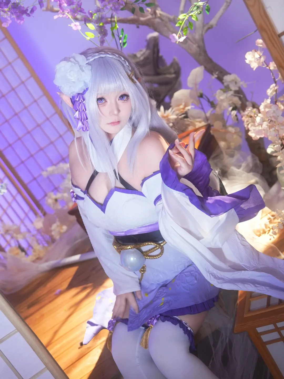 二次元, Re:ゼロから始める異世界生活, エミリア コスプレ, 白ストッキング, エルフ耳