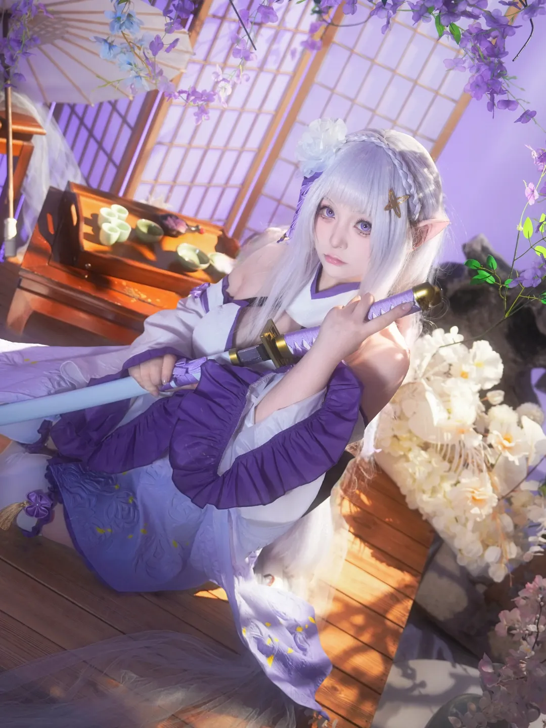 Re:ZERO -Starting Life in Another World-, Anime cosplay, Emilia cosplay, Elf ears, Silver hair and purple eyes