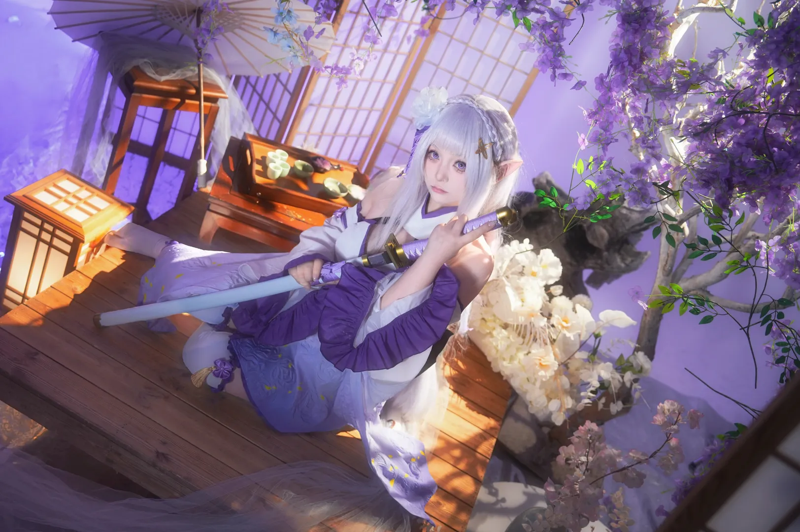 从零开始的异世界生活, 二次元cosplay, 爱蜜莉雅cos, 精灵耳, 银发紫瞳 - 第2张