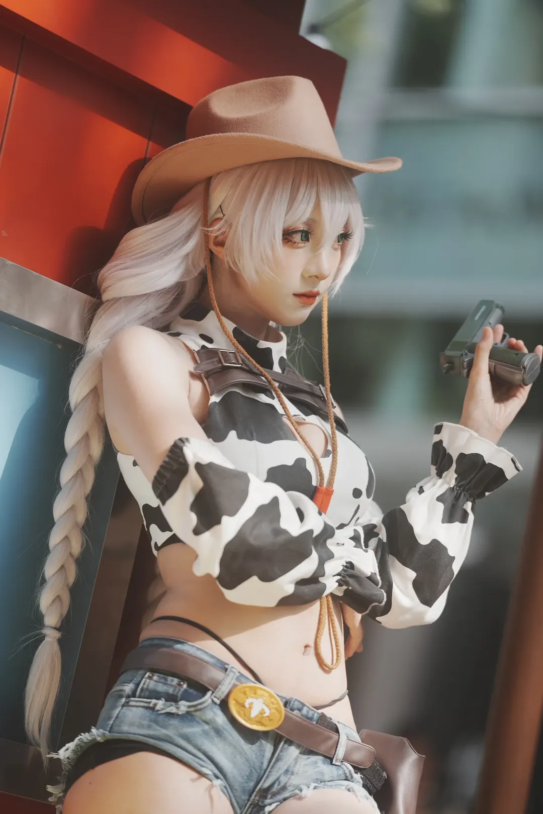 Azur Lane cosplay, Convention photography, Western cowboy style, Cow print top, Silver-white braided hair - Image 11