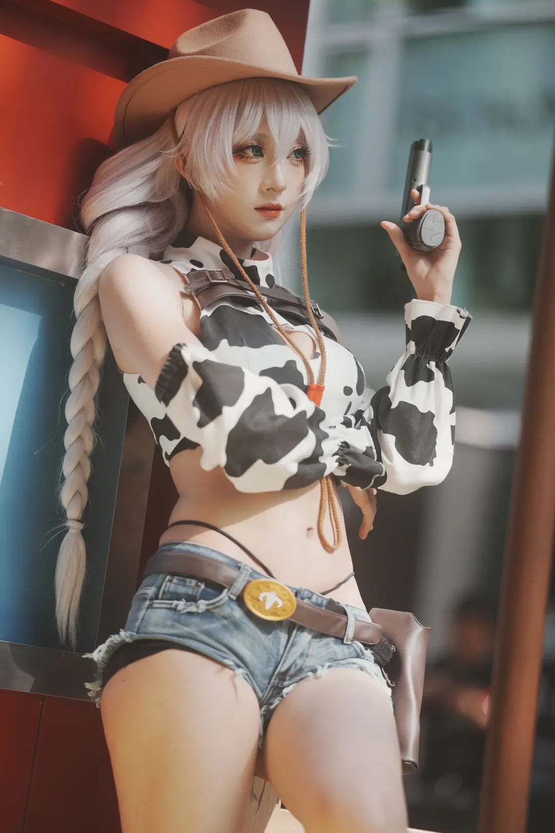 Azur Lane cosplay, Convention photography, Western cowboy style, Cow print top, Silver-white braided hair - Image 9