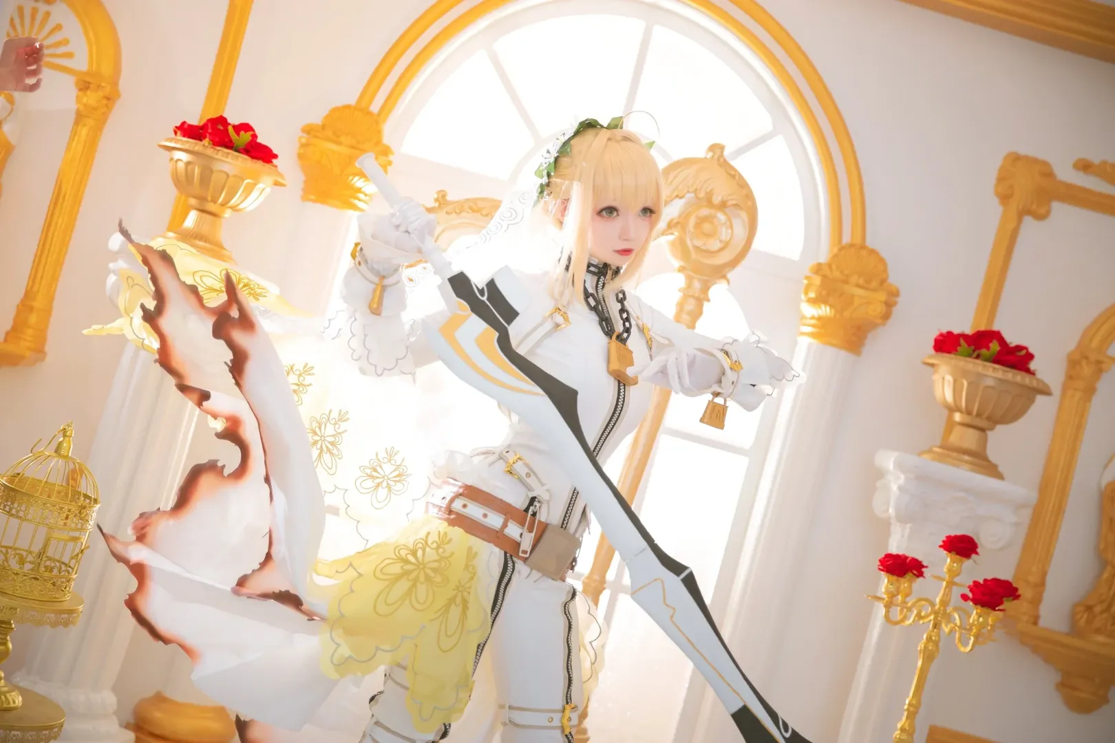 逆光摄影, FGO, 白丝, 尼禄花嫁cos, 金色宫殿