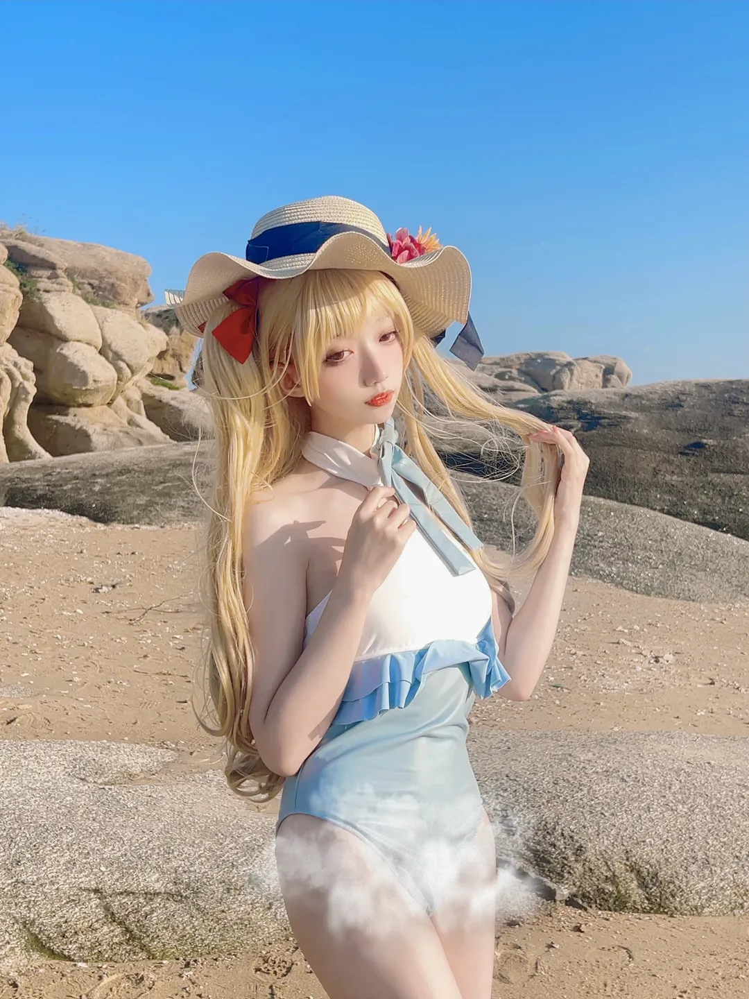 fgo, 海邊寫真, 艾蕾什基伽爾cos, 藍白泳裝, 秋日拍攝