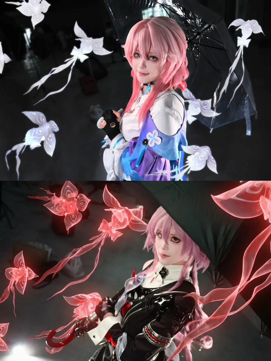崩坏星穹铁道, 三月七cos, cosplay摄影, 雨伞转场特效, 红色形态 - 第1张
