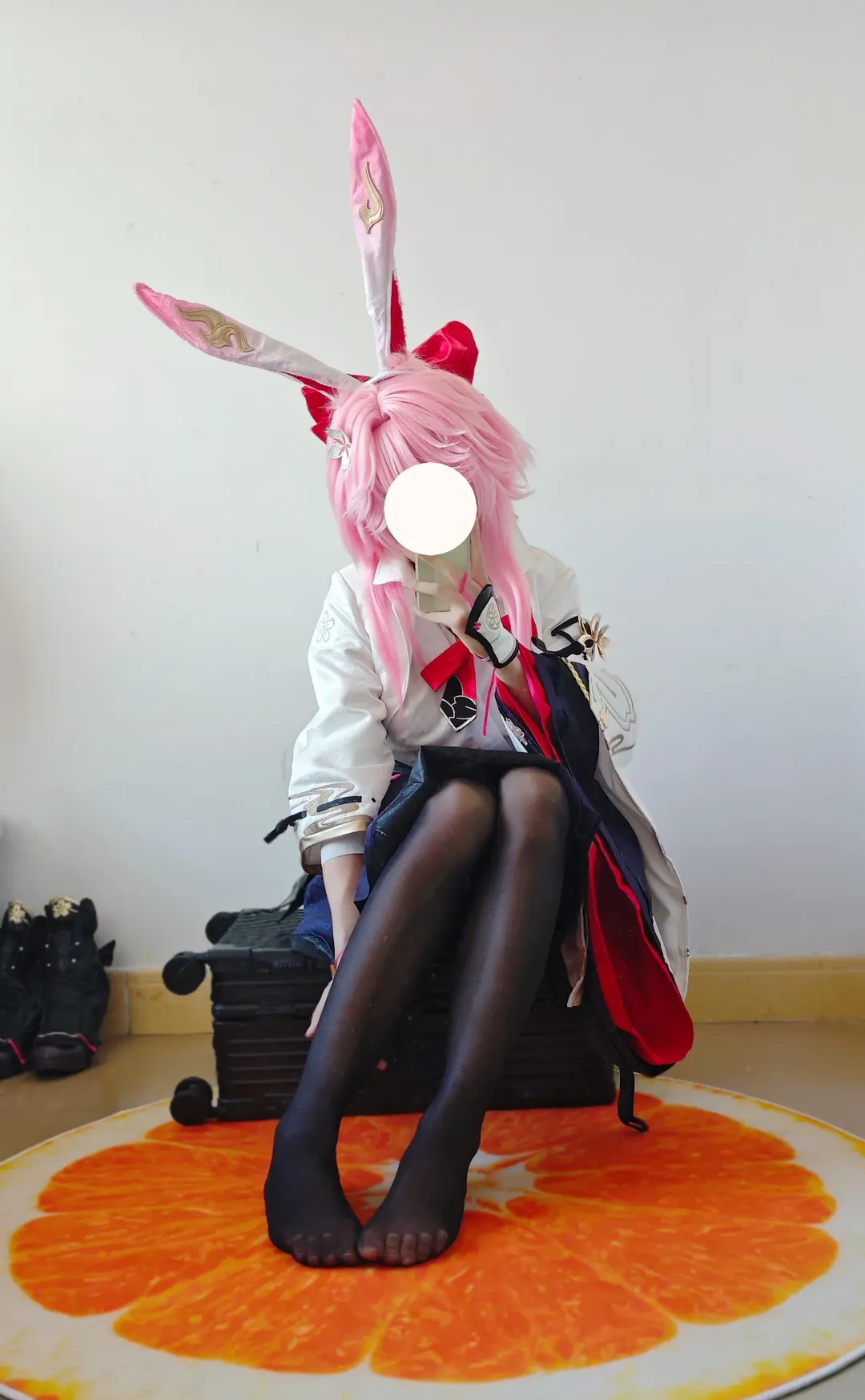 Honkai: Star Rail, Evanescia cosplay, Black tights outfit, Home cosplay, Pink hair, rabbit ears
