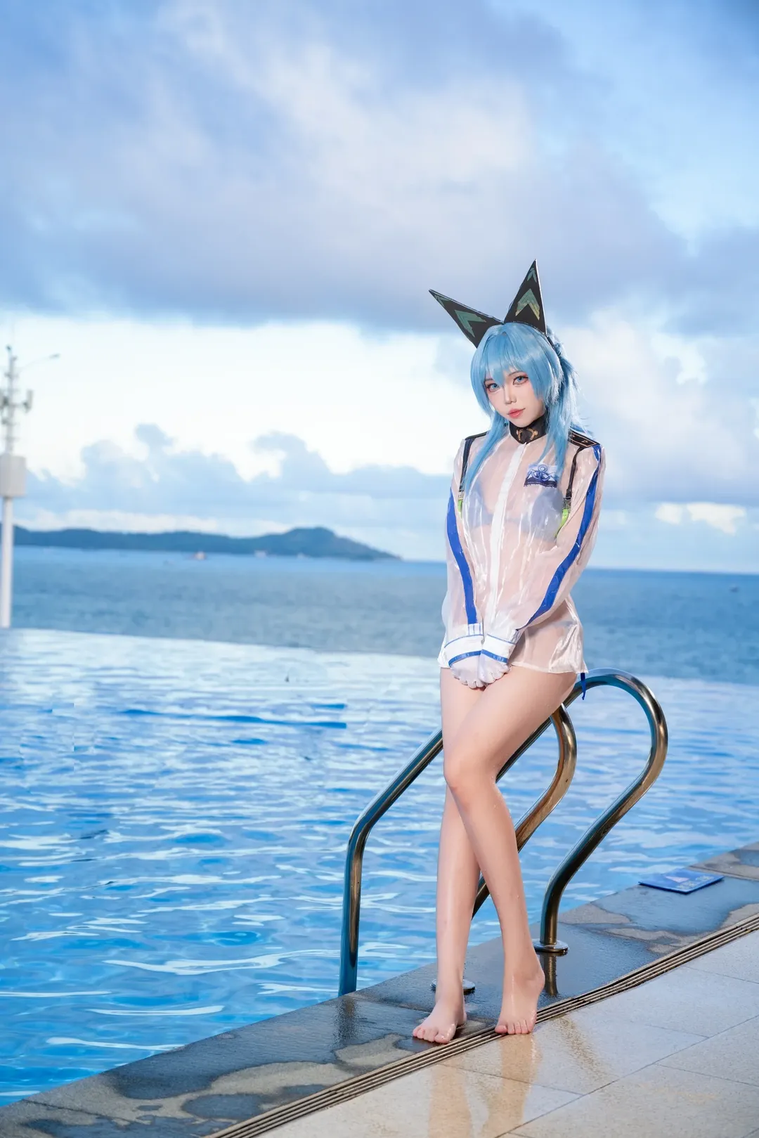 Seaside cosplay, Swimwear photography, Goddess of Victory: Nikke, Helen cosplay, Convention buddy