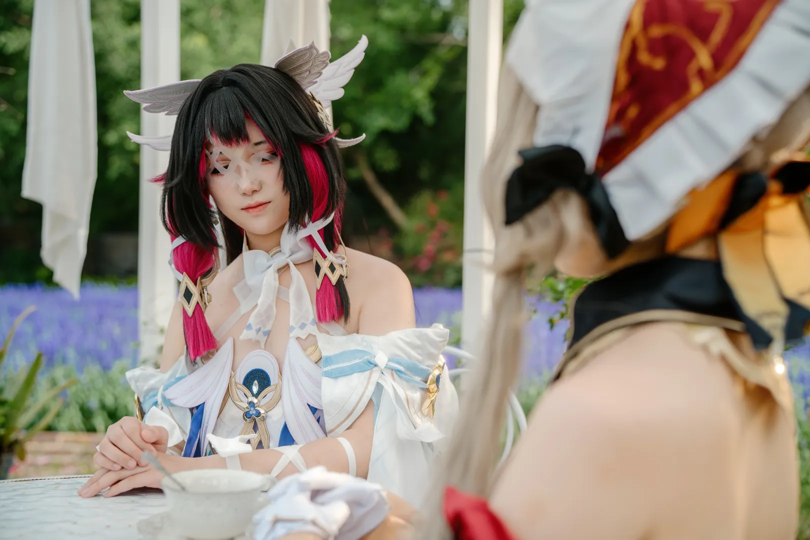 Sandrone Cosplay, Genshin Impact, Columbina Cosplay, Damselette Marionette cosplay, Outdoor garden photography - Image 2
