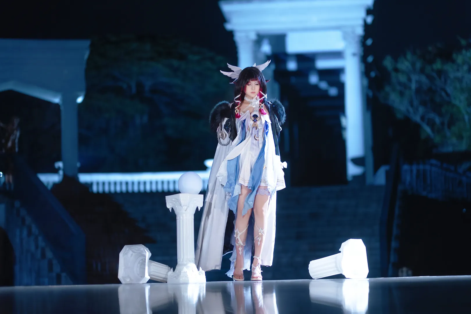 原神, コロンビーナ コスプレ, 夜景ポートレート, コスプレ撮影, ストラップハイヒール