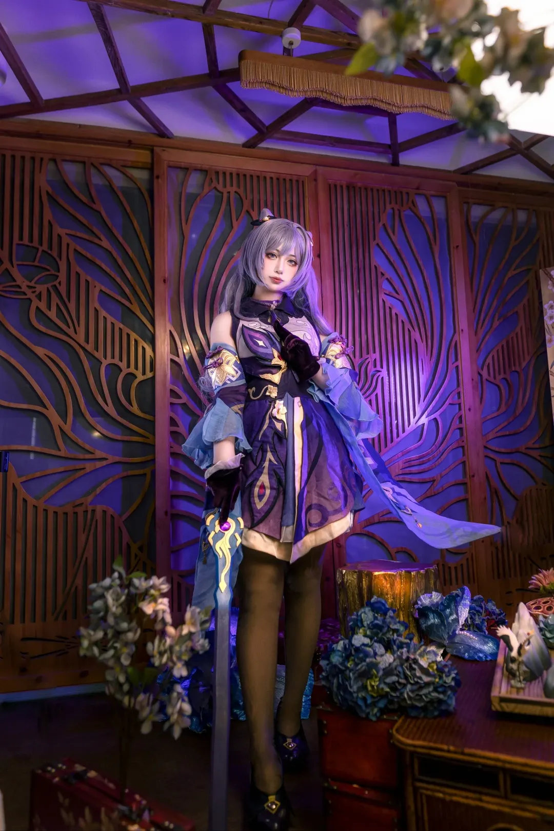 原神, 刻晴cos, cosplay分享, 黑丝穿搭, 内景棚拍 - 第3张