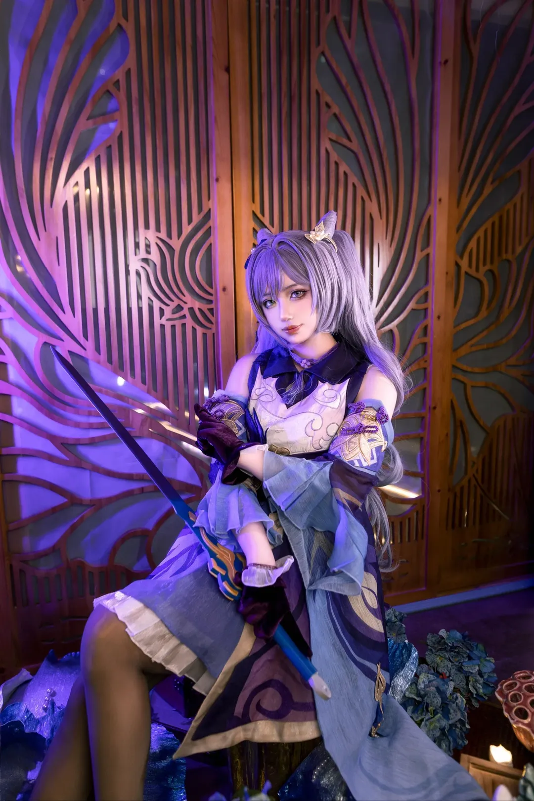原神, 刻晴cos, cosplay分享, 黑丝穿搭, 内景棚拍 - 第4张