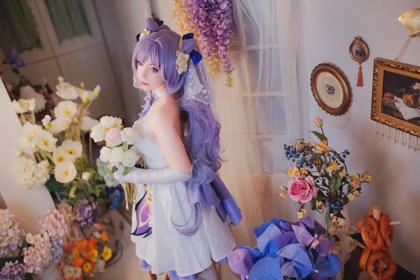 原神, 刻晴cos, 花嫁cosplay, 婚纱写真, 白色丝袜 - 第1张