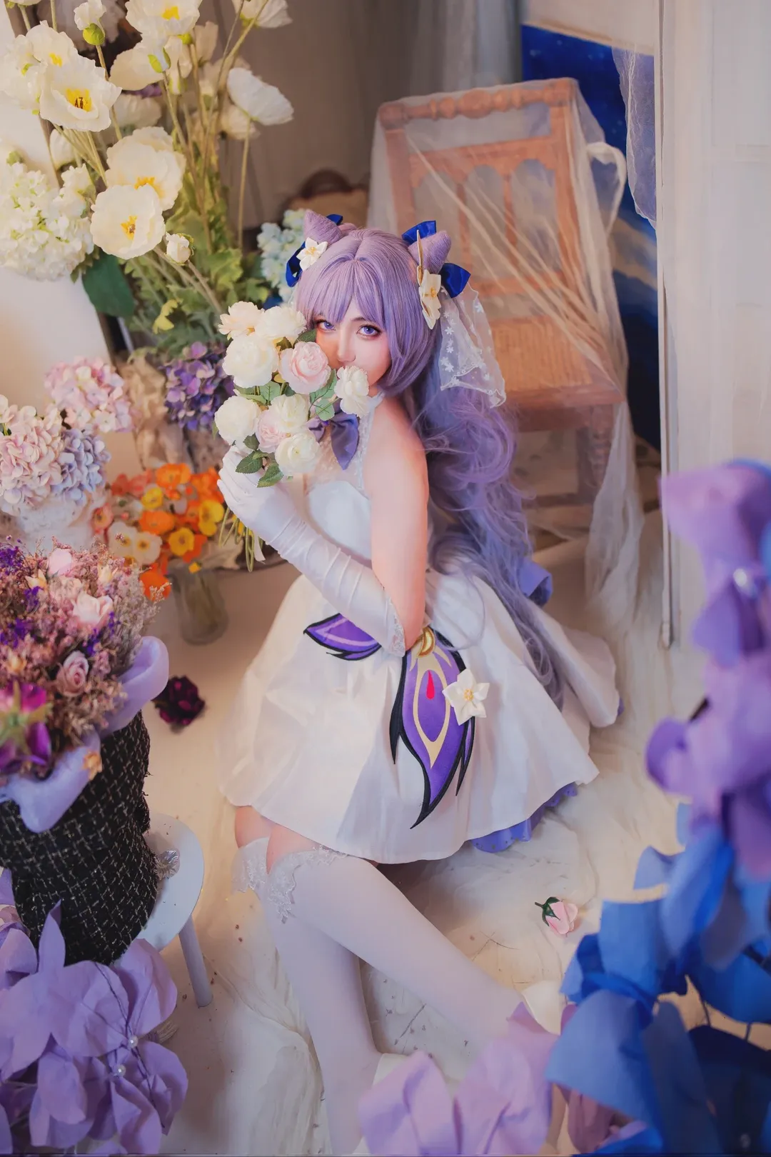 原神, 刻晴cos, 花嫁cosplay, 婚纱写真, 白色丝袜