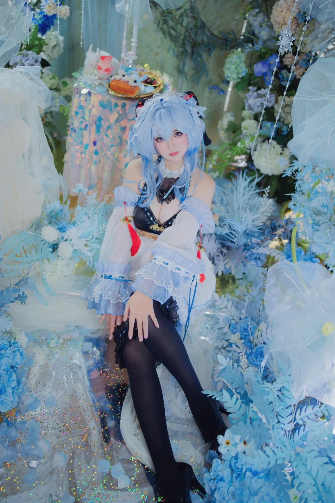 原神, 甘雨cos, 女僕裝, 藍色系, 黑絲cosplay