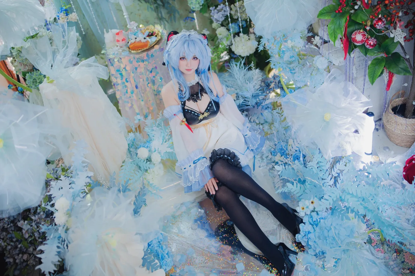 原神, 甘雨cos, 女仆装, 蓝色系, 黑丝cosplay - 第3张