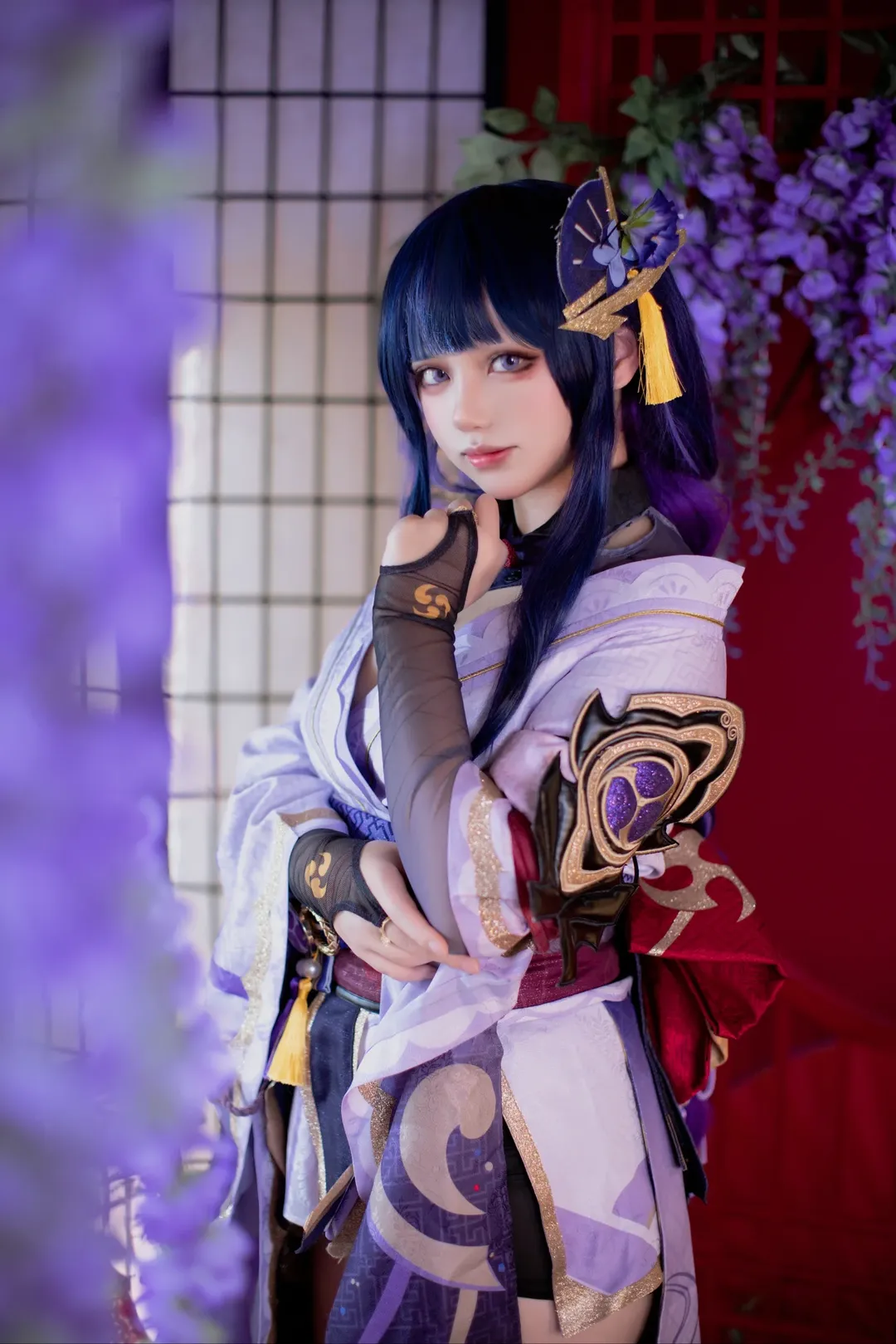 原神, 和风cosplay, 雷电将军cos, 雷电特效, 紫藤花背景 - 第3张