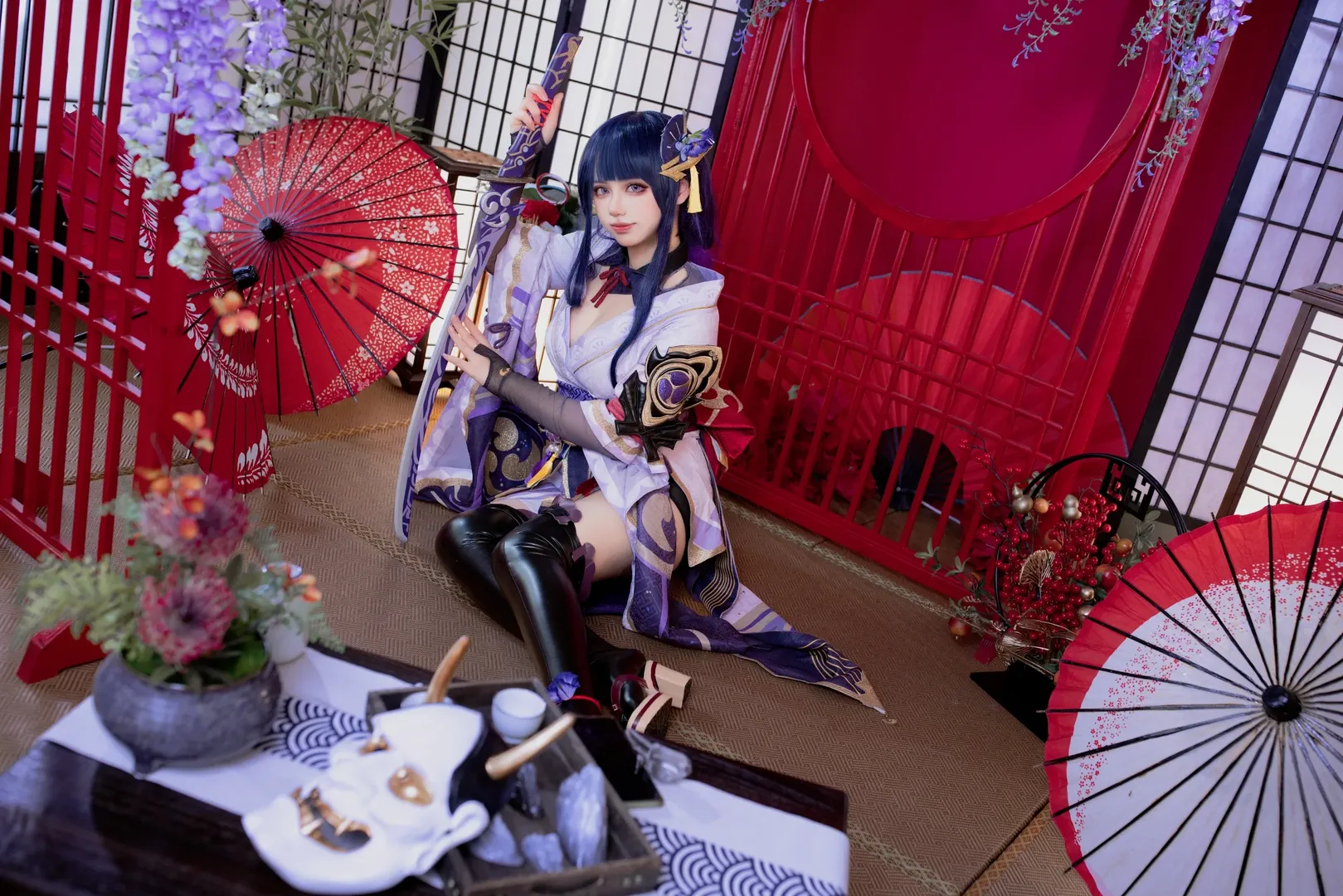 原神, 和风cosplay, 雷电将军cos, 雷电特效, 紫藤花背景