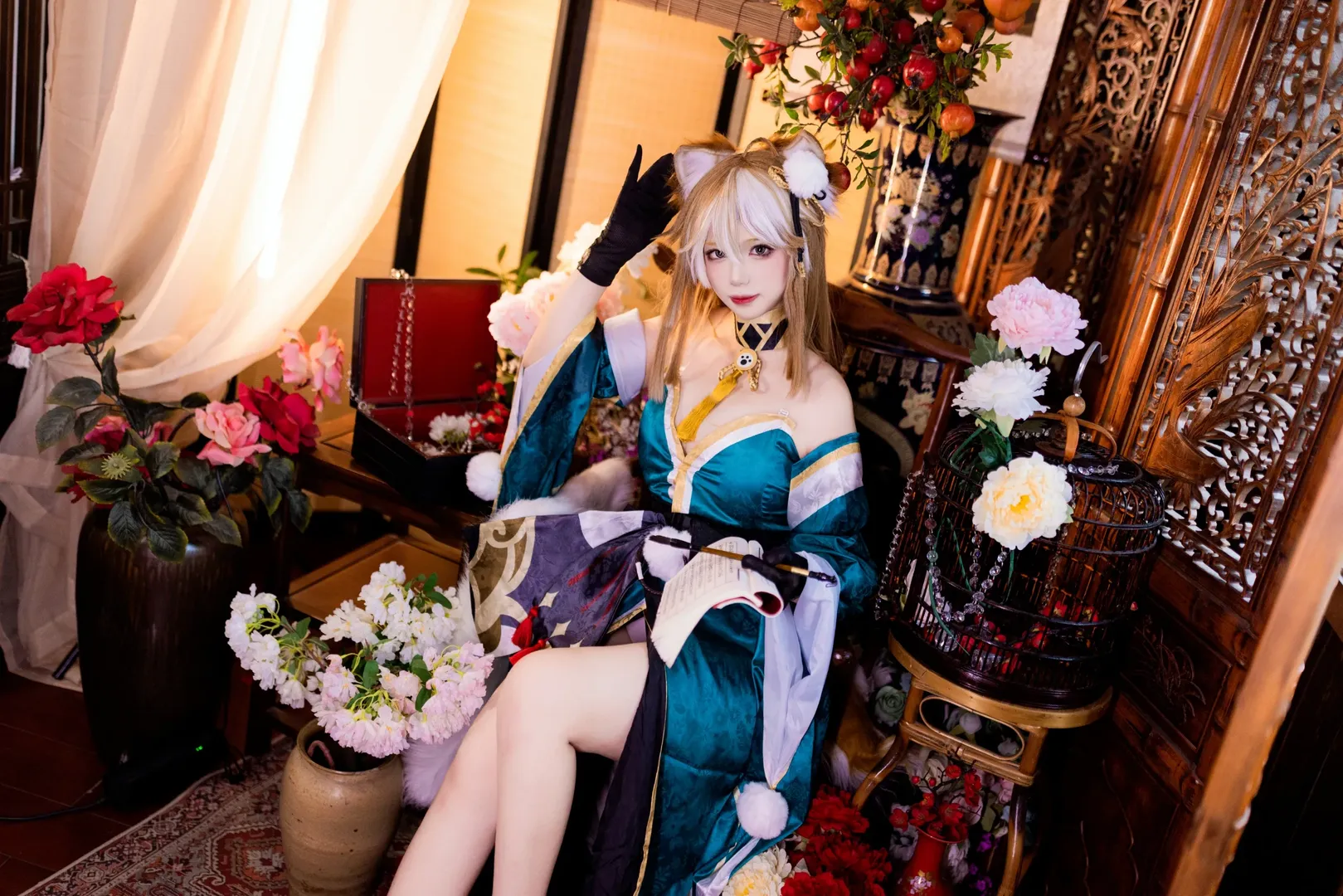 原神, 兽耳cosplay, 希娜小姐cos, 古风室内写真, 白袜木屐