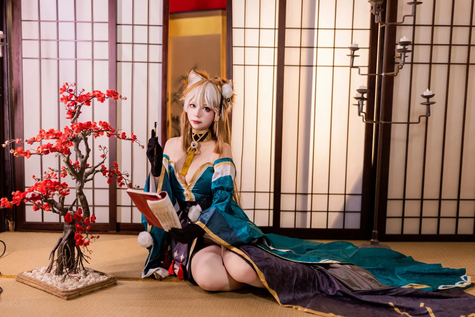 原神, 兽耳cosplay, 希娜小姐cos, 古风室内写真, 白袜木屐 - 第3张