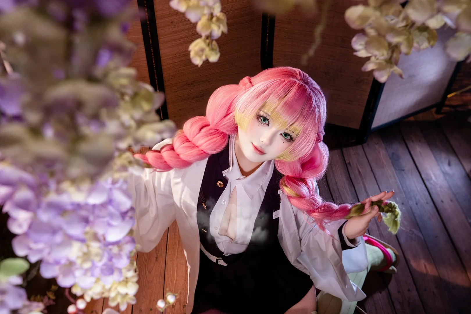 鬼灭之刃, 二次元cosplay, 甘露寺蜜璃cos, 粉发双马尾, 连裤袜cos
