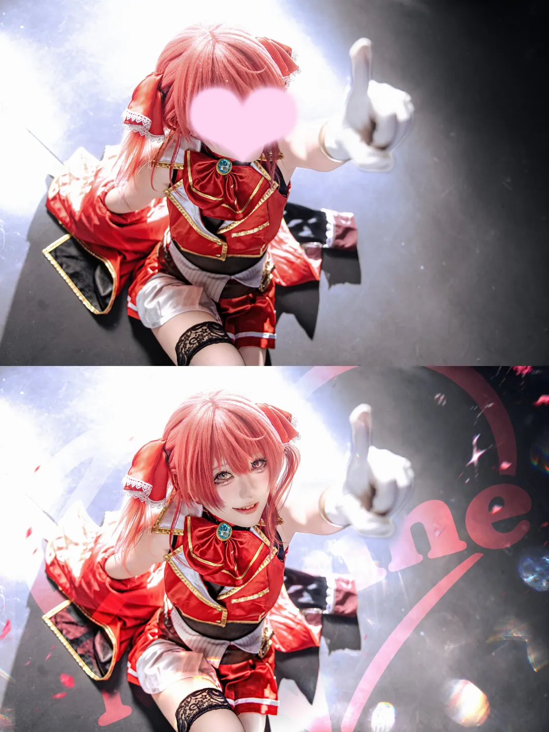 宝钟玛琳cos, hololive, 高角度俯拍, 红色打歌服, 蕾丝腿环穿搭 - 第4张