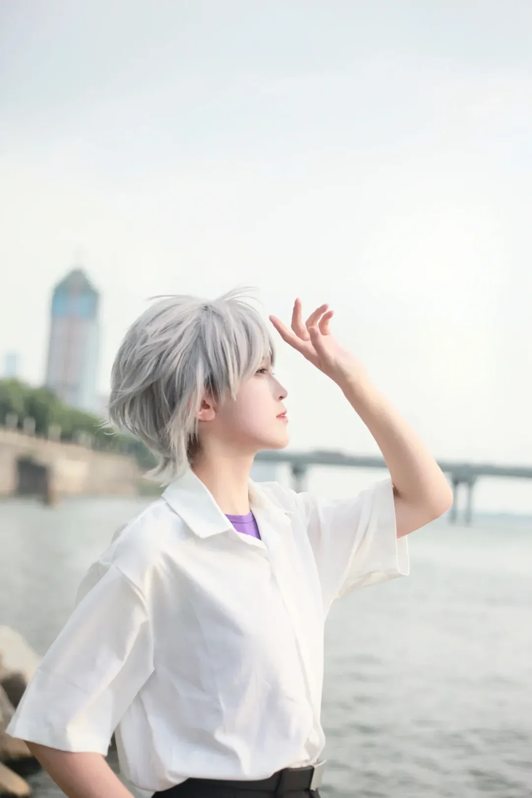 Seaside location shoot, Neon Genesis Evangelion, White shirt, Kaworu Nagisa cosplay, Silver-haired boy - Image 2