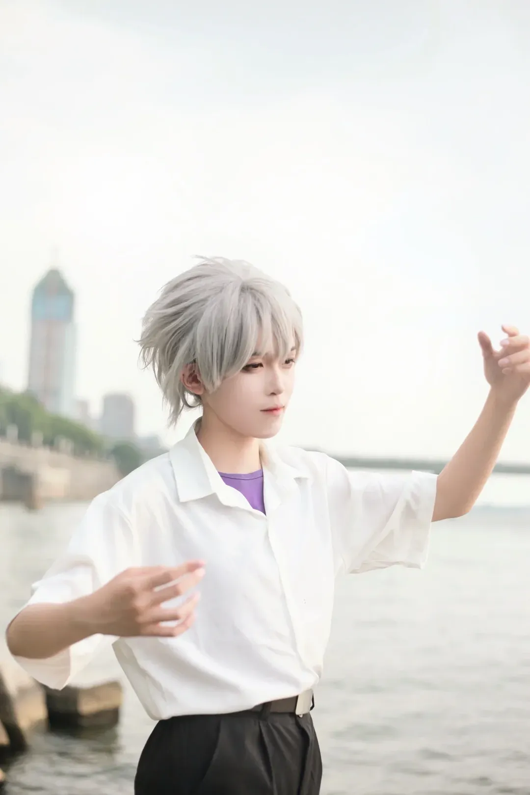 Seaside location shoot, Neon Genesis Evangelion, White shirt, Kaworu Nagisa cosplay, Silver-haired boy - Image 5