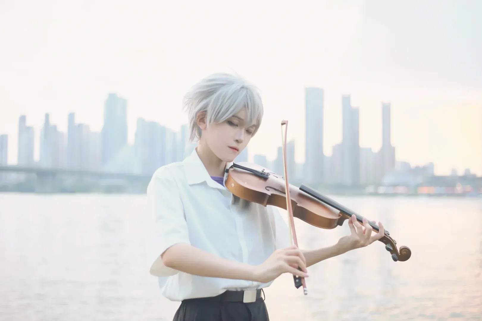 Seaside location shoot, Neon Genesis Evangelion, White shirt, Kaworu Nagisa cosplay, Silver-haired boy - Image 6