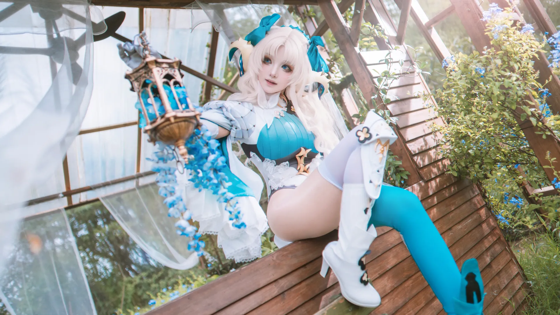 Outdoor photography, Fate/Grand Order, Cosplay photoshoot, Space Ereshkigal cosplay, Blue and white outfit