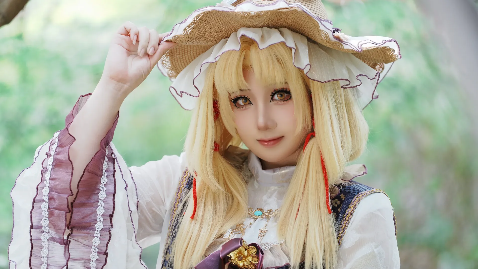 二次元少女, 东方project, 户外cosplay, 泄矢诹访子cos, 草帽装扮