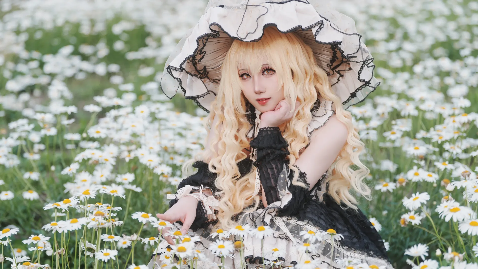 Anime-style photography, Touhou Project, Marisa Kirisame cosplay, Flower sea outdoor photoshoot, Blonde Western-style dress