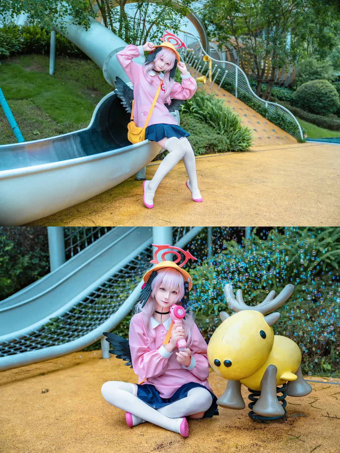 cosplay, 蔚蓝档案, 下江小春cos, 白丝cos, 户外游乐园 - 第1张