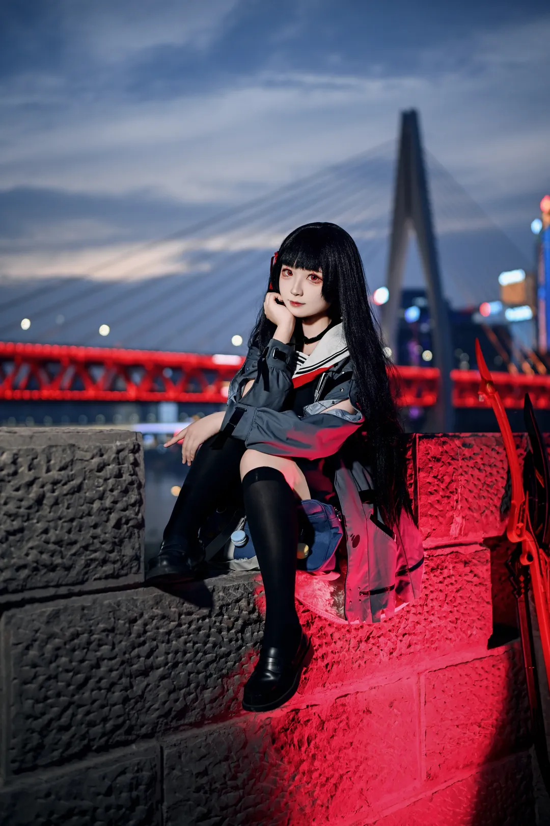 Wuthering Waves, Night portrait, Cosplay outfit, Black stockings cosplay, Kuchiba Chisa cosplay - Image 6