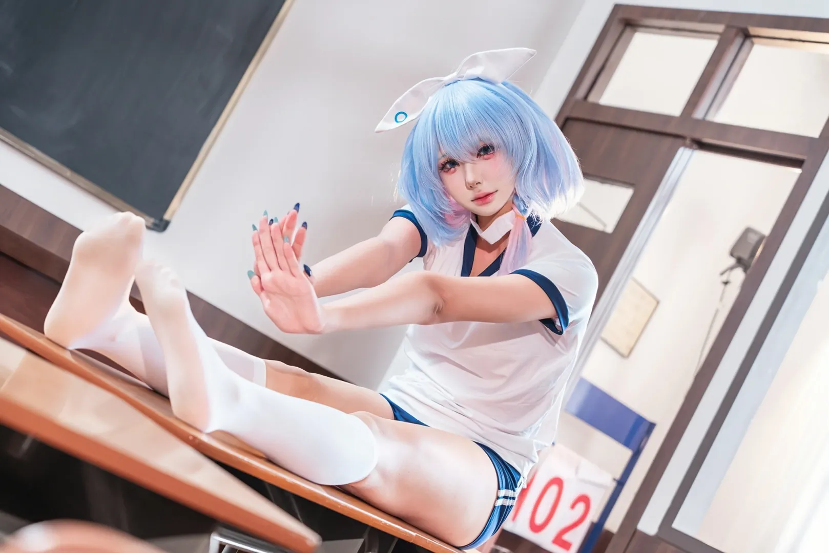 Blue Archive, White thigh-highs outfit, Arona cosplay, Classroom photography, Blue and white gym uniform - Image 1