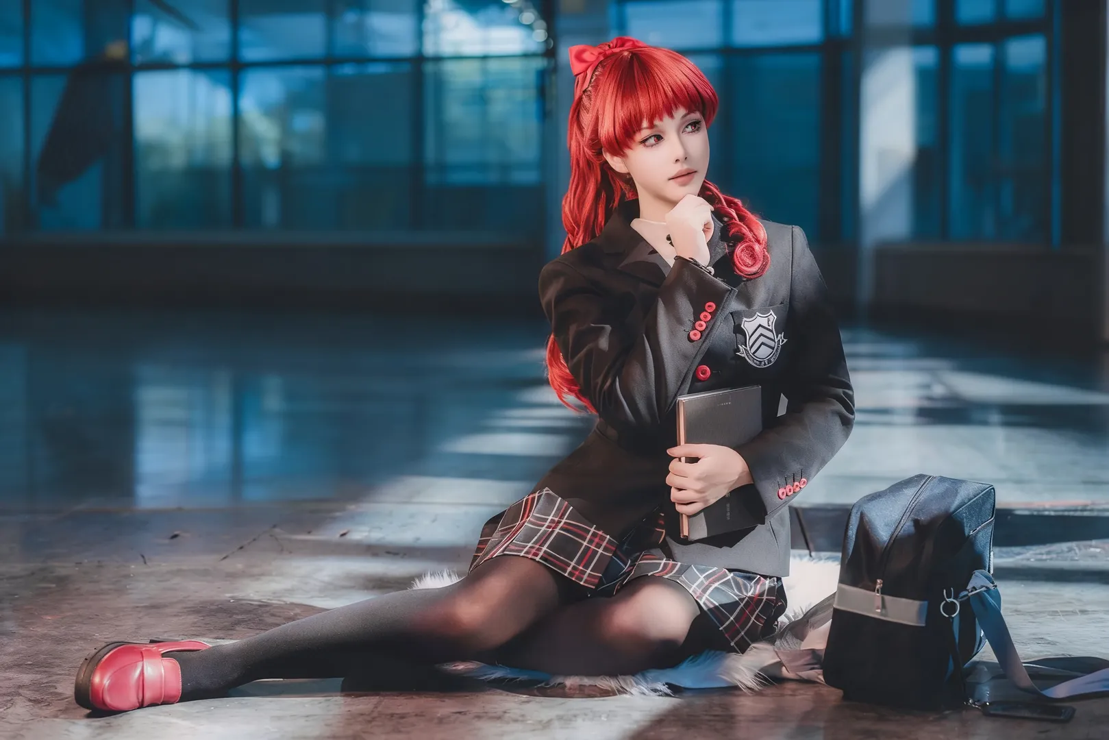 Cosplay photoshoot, Yoshizawa Kasumi cosplay, Black tights outfit, Anime convention photos, Persona 5