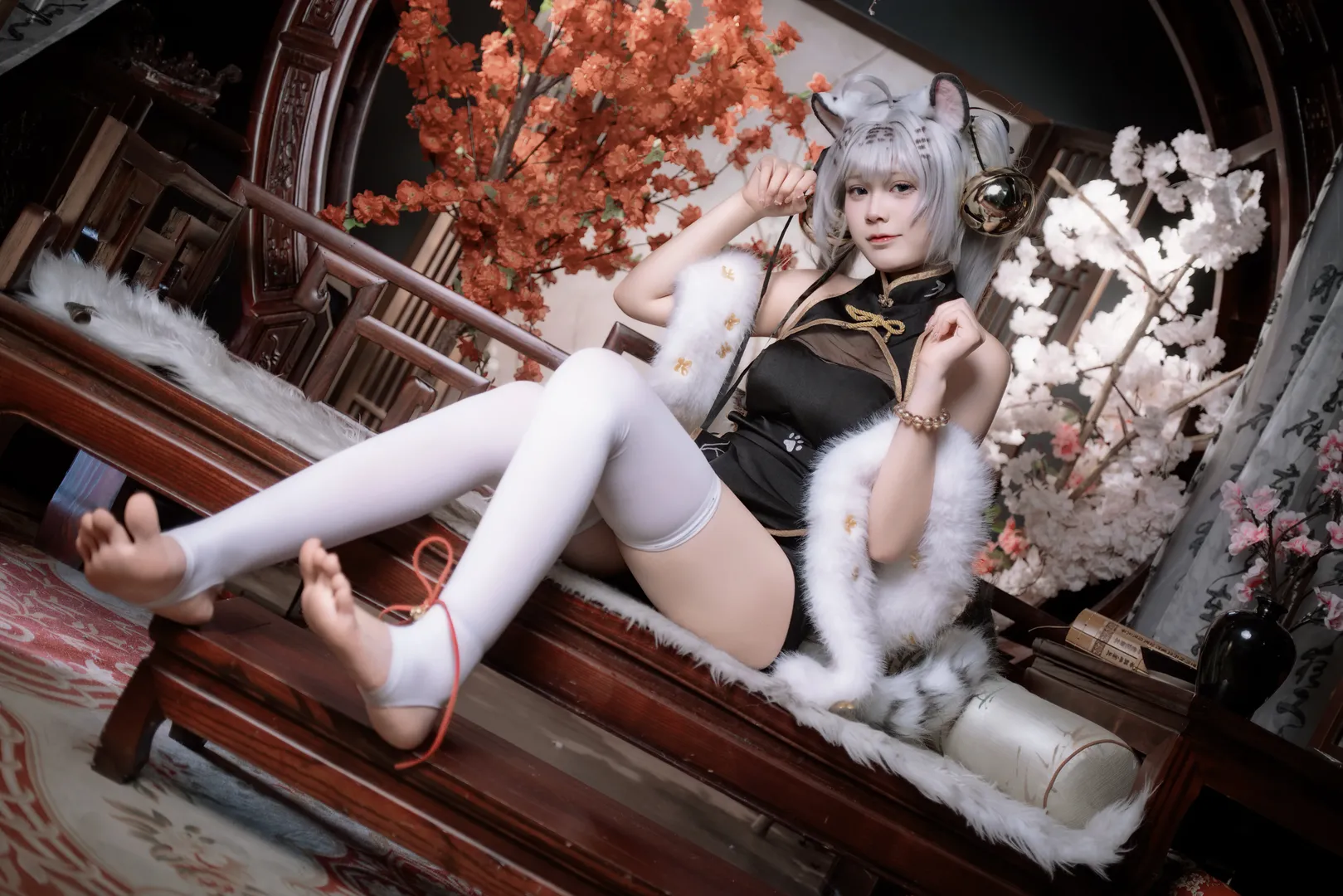 二次元cosplay, 白虎娘cos, 国风摄影, 兽耳装扮, 白丝过膝袜 - 第5张